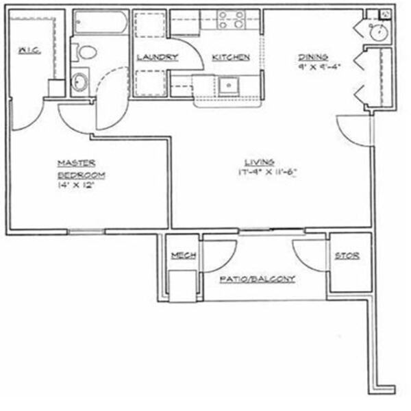 Floorplan A - 1 Bedroom, 1 Bath