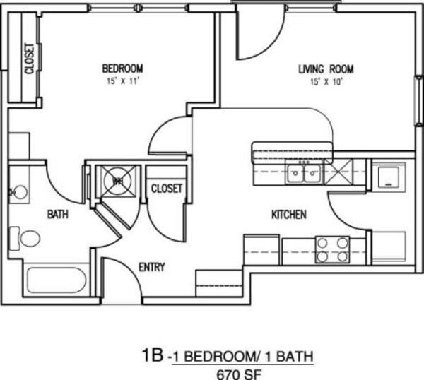 1 Bed 1 Bath (1B)