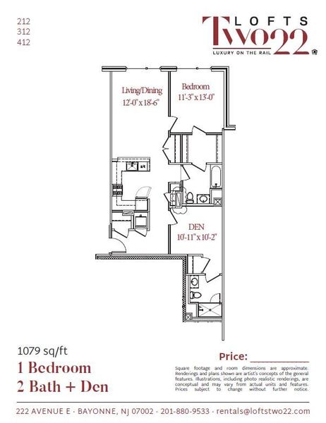 1 BR, 2BA + Den