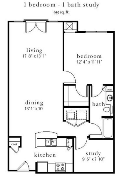 1BR w/study (a3b) 935sf