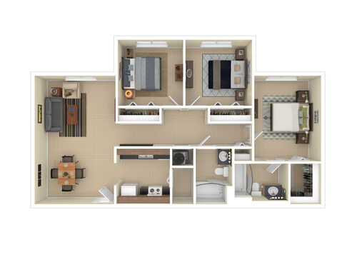 Three Bedroom: Beds - 3: Baths - 2: SqFt Range - 1021 to 1021