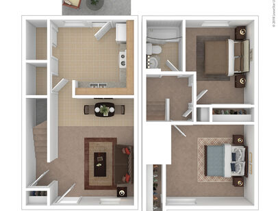 2 Bedroom Townhouse: Beds - 2: Baths - 1: SqFt Range - 500 to 500