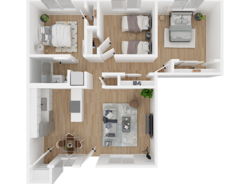 Three Bedroom: Beds - 3: Baths - 1: SqFt Range - 904 to 904