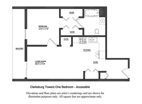 1 Bedroom: Beds - 1: Baths - 1: SqFt Range - 598 to 598