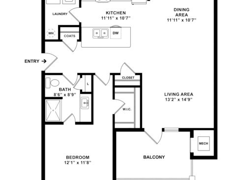 1 Bedroom, 1 Bath, Balcony - 2D with dimensions