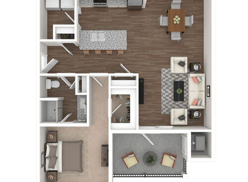 1 Bedroom, 1 Bath, Balcony - 3D furnished with white cabinets