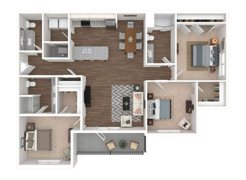3 Bedrooms, 2 Baths, Balcony - 3D furnished with white cabinets