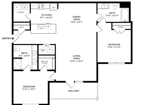 2 Bedrooms, 2 Baths, Balcony - 2D with dimensions with white cabinets