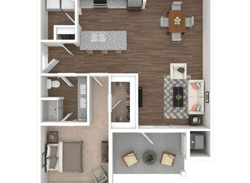 1 Bedroom, 1 Bath, Patio - 3D Furnished with white cabinets