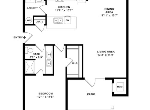1 Bedroom, 1 Bath, Patio - 2D with dimensions with white cabinets
