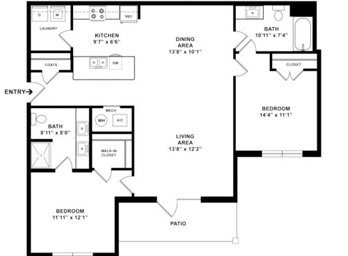 2 Bedroom, 2 Bath, Patio  - 2D with dimensions