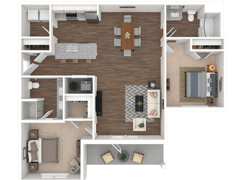 2 Bedroom, 2 Bath, Patio - 3D Furnished with white cabinets