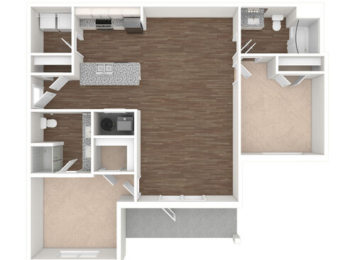 2 Bedroom, 2 Bath, Patio - 3D Unfurnished with white cabinets