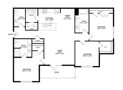 3 Bedroom, 2.5 Bath, Patio - 2D with dimensions