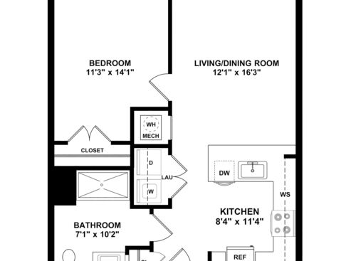 Anvil - 1 Bedroom, 1 Bath, 636 sq. ft. - 2D with dimensions