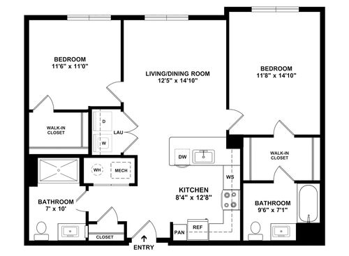 Braddock - 2 Bedroom, 2 Bath, 959 sq. ft. - 2D with dimensions