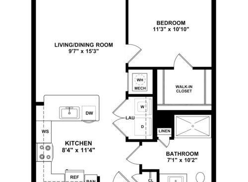Horace - 1 Bedroom, 1 Bath, 626 sq. ft. - 2D with dimensions