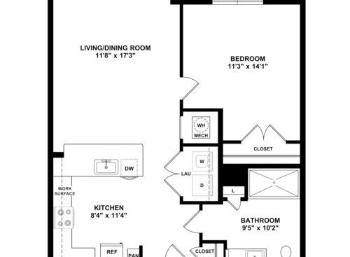 Matilda - 1 Bedroom, 1 Bath, 647 sq. ft. - 2D with dimensions
