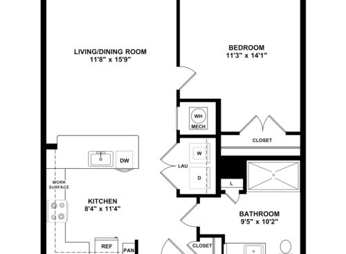 Parker - 1 Bedroom, 1 Bath, 636 sq. ft. - 2D with dimensions