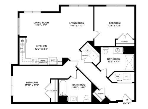 Turnpike - 2 Bedroom, 2 Bath, 1005 sq. ft. - 2D with dimensions