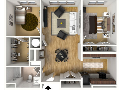 3D Furnished Two Bedroom Floorplan