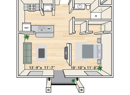 E1-G: Beds - Studio: Baths - 1: SqFt Range - 511 to