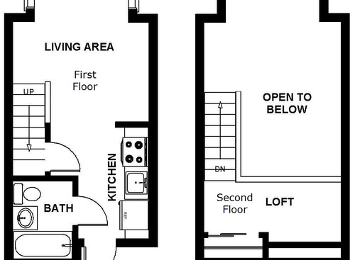 Studio with Loft: Beds - Studio: Baths - 1: SqFt Range - 375 to 565