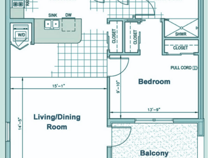 1 Bedroom 1 Bath 1B 790 SQFT Floorplan