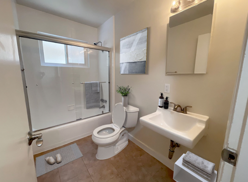 Brightly adorned bathroom with a shower and sliding glass panels