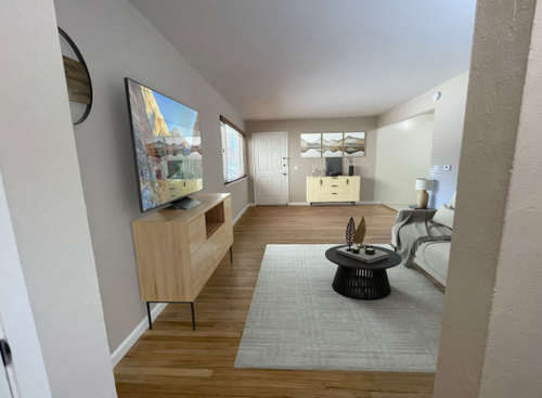 Living room with a maple tv stand and flatscreen tv in front of a white sofa and grey rug
