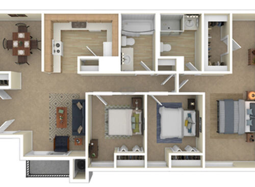 Three Bedroom: Beds - 3: Baths - 1.5: SqFt Range - 1119 to 1119