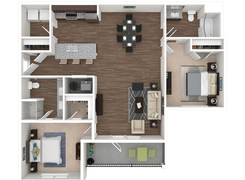 2 Bedrooms, 2 Baths, Balcony - 3D Furnished with dark cabinets