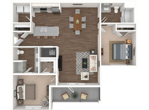 2 Bedrooms, 2 Baths, Balcony - 3D Furnished with white cabinets