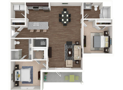 2 Bedroom, 2 Bath, Patio - 3D Furnished with dark cabinets