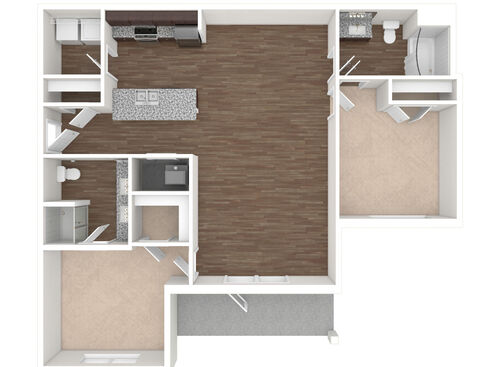 2 Bedroom, 2 Bath, Patio - 3D Unfurnished with dark cabinets
