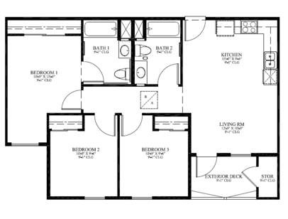 Three Bedrooms: Beds - 3: Baths - 2: SqFt Range - 932 to 932