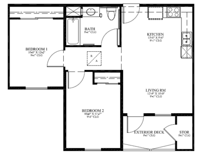 Two Bedrooms: Beds - 2: Baths - 1: SqFt Range - 702 to 702