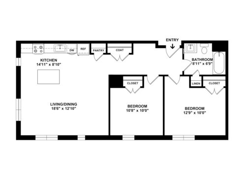 Two Bedroom One Bathroom : Beds - 2: Baths - 1: SqFt Range - 822 to 822