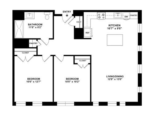 Two Bedroom One Bathroom : Beds - 2: Baths - 1: SqFt Range - 822 to 822