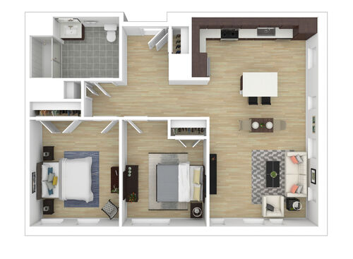 Two Bedroom One Bathroom : Beds - 2: Baths - 1: SqFt Range - 822 to 822