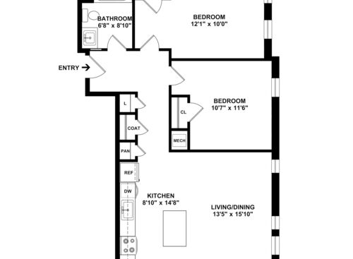 Two Bedroom One Bathroom : Beds - 2: Baths - 1: SqFt Range - 822 to 822