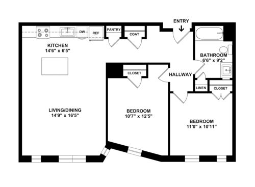 Two Bedroom One Bathroom : Beds - 2: Baths - 1: SqFt Range - 822 to 822