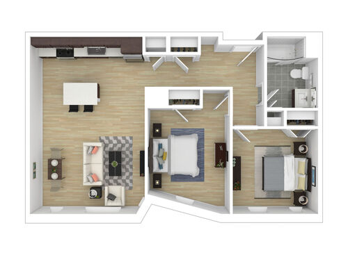 Two Bedroom One Bathroom : Beds - 2: Baths - 1: SqFt Range - 822 to 822