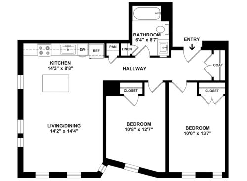 Two Bedroom One Bathroom : Beds - 2: Baths - 1: SqFt Range - 822 to 822