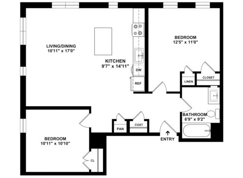 Two Bedroom One Bathroom : Beds - 2: Baths - 1: SqFt Range - 822 to 822