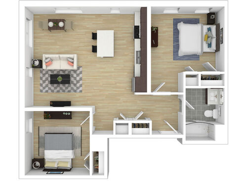 Two Bedroom One Bathroom : Beds - 2: Baths - 1: SqFt Range - 822 to 822