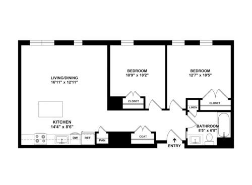 Two Bedroom One Bathroom : Beds - 2: Baths - 1: SqFt Range - 822 to 822