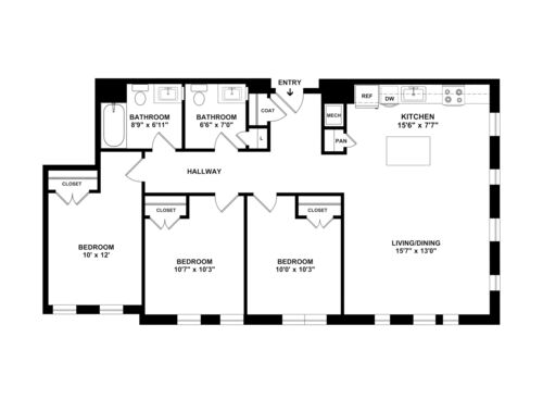 Three Bedroom One and Half Bathrooms : Beds - 3: Baths - 1.5: SqFt Range - 1082 to 1082