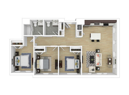 Three Bedroom One and Half Bathrooms : Beds - 3: Baths - 1.5: SqFt Range - 1082 to 1082