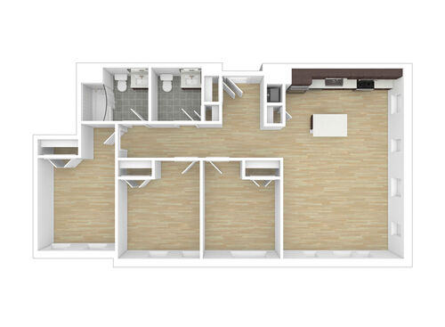 Three Bedroom One and Half Bathrooms : Beds - 3: Baths - 1.5: SqFt Range - 1082 to 1082